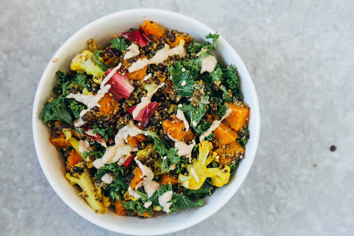 Roasted Veggie & Quinoa Salad with Tahini Garlic Dressing