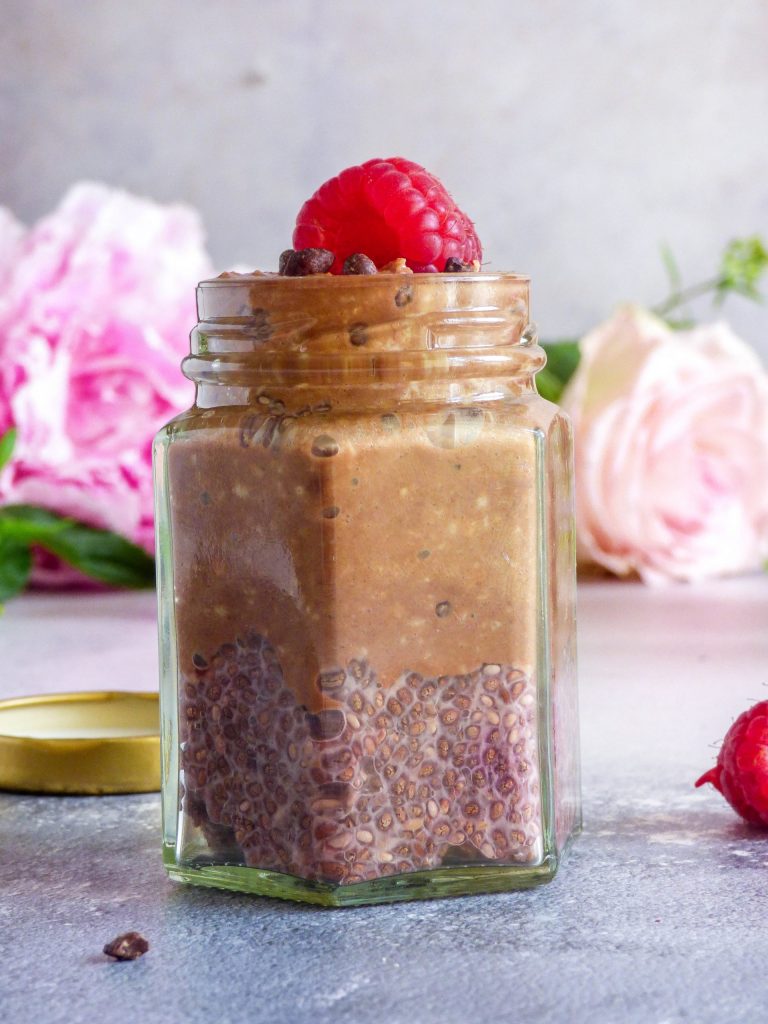 Raspberry Chia Pudding with Creamy Cacao Oats