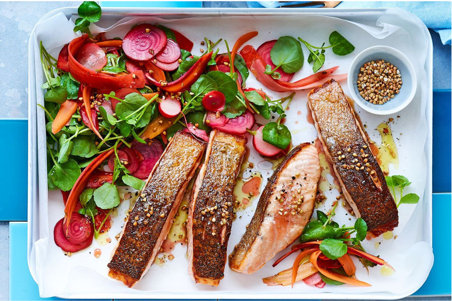 Seared Salmon with Pickled Vegetable and Watercress Salad