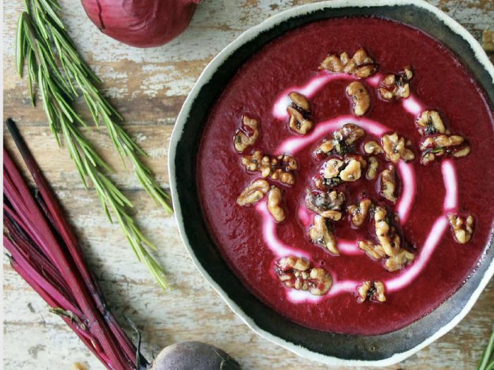 Roasted Beetroot Soup with Rosemary Walnut Croutons